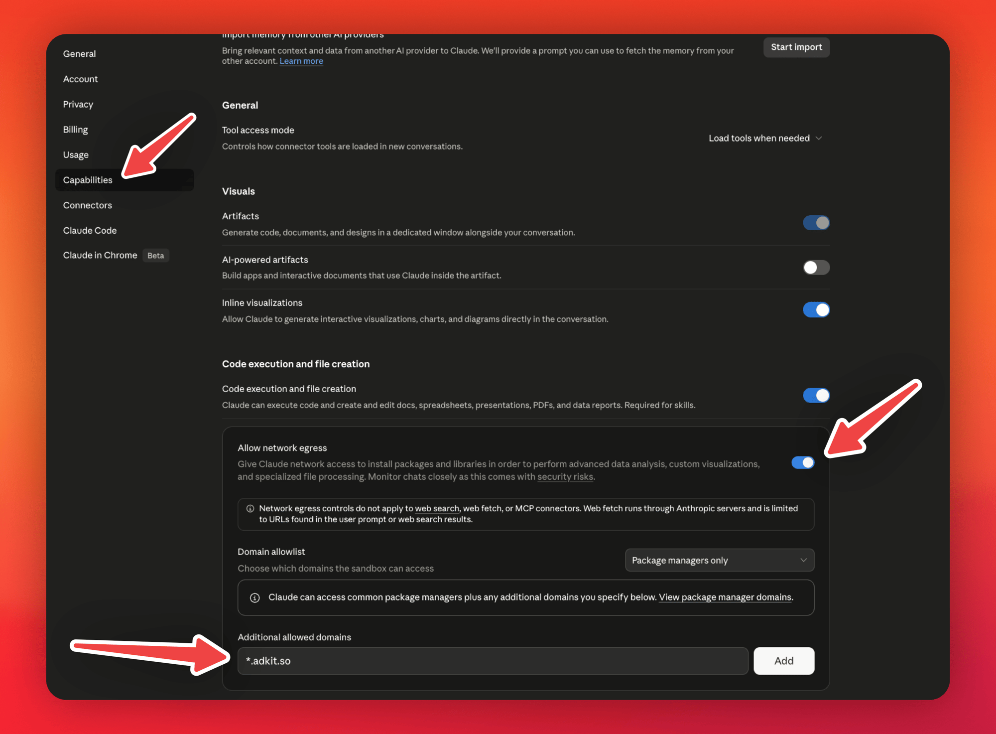 Claude settings showing *.adkit.so added to Additional allowed domains