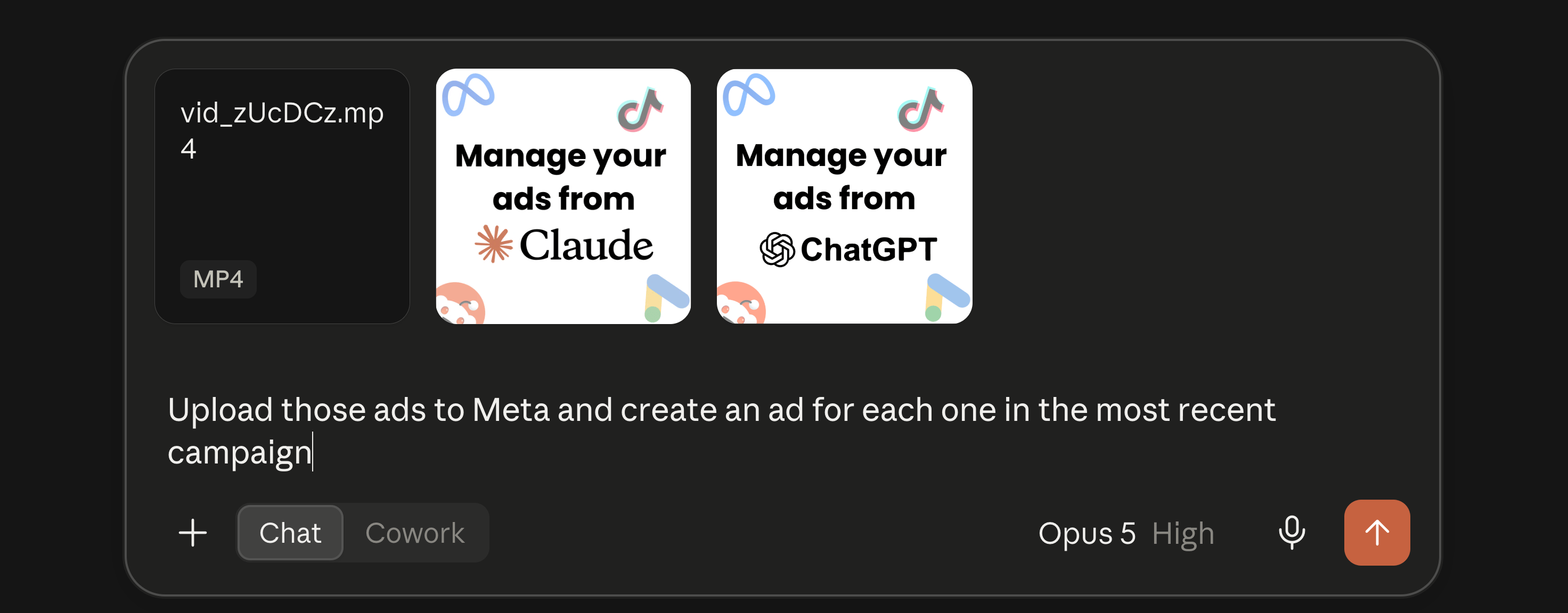 Claude chat with a video and two images attached, asking to upload them to Meta