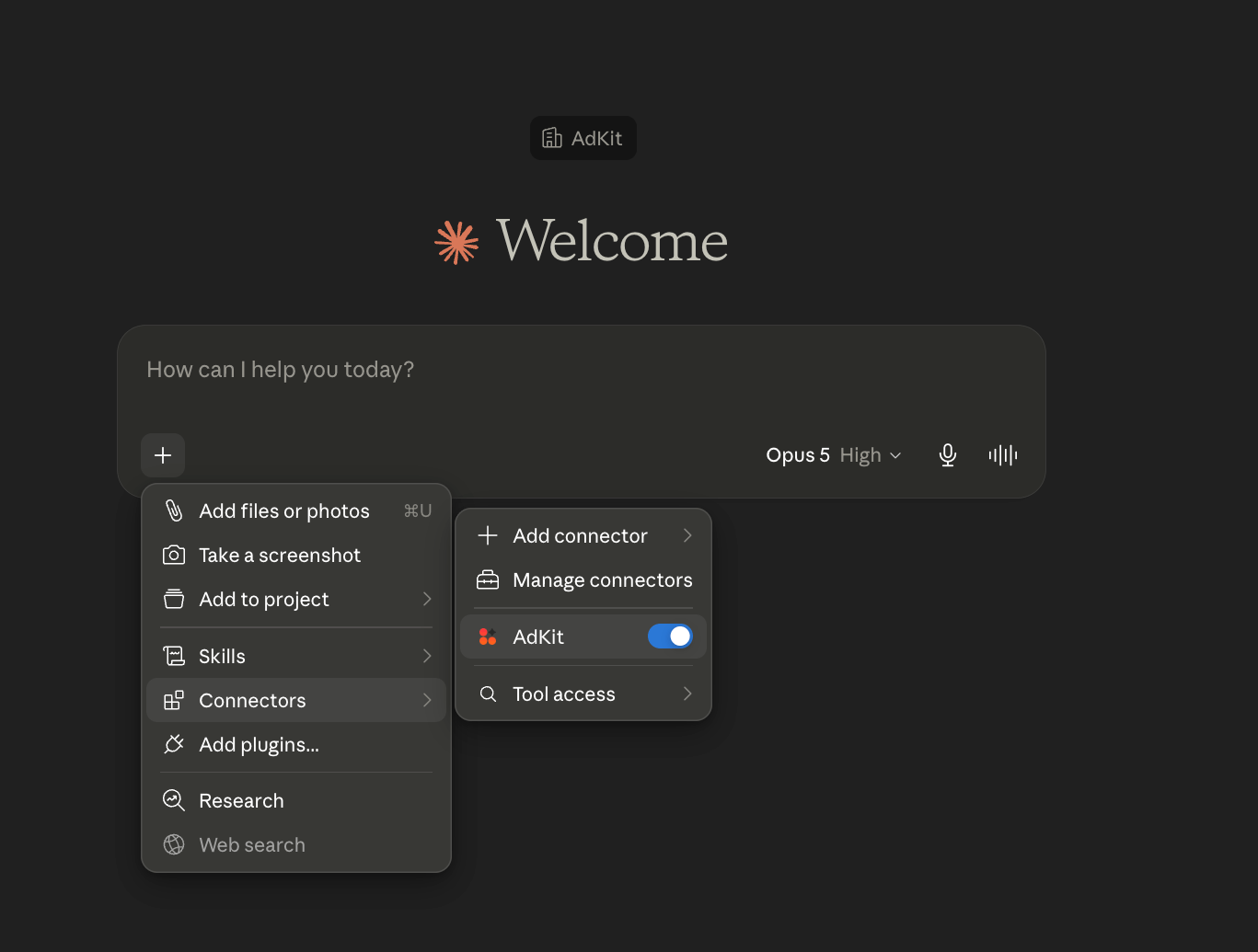 The + menu in a Claude conversation with the Connectors submenu open and AdKit toggled on
