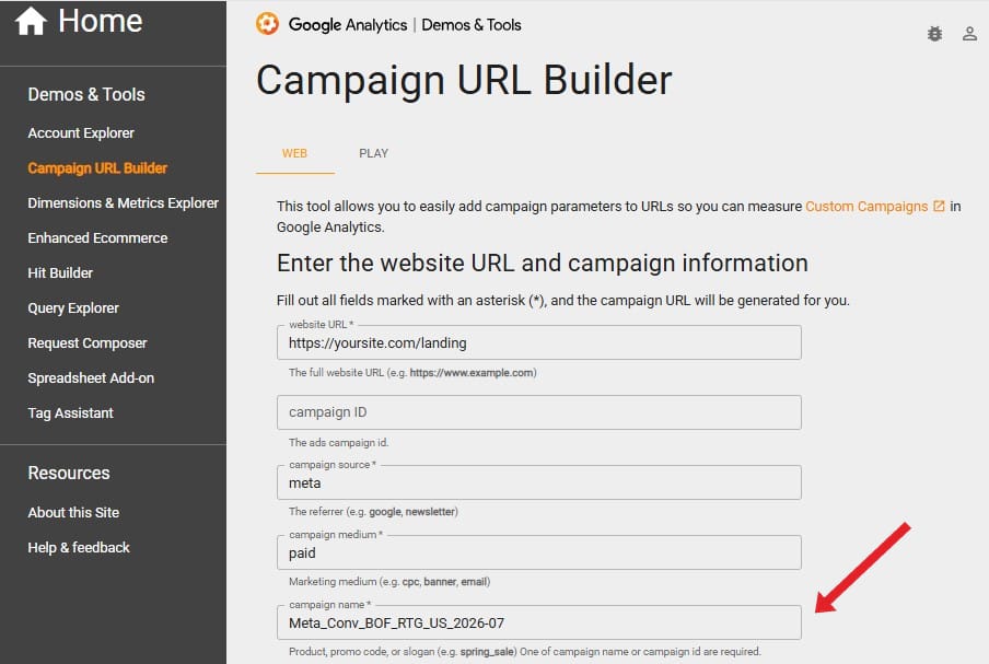 Google's Campaign URL Builder filled in, with the campaign name field pointed out