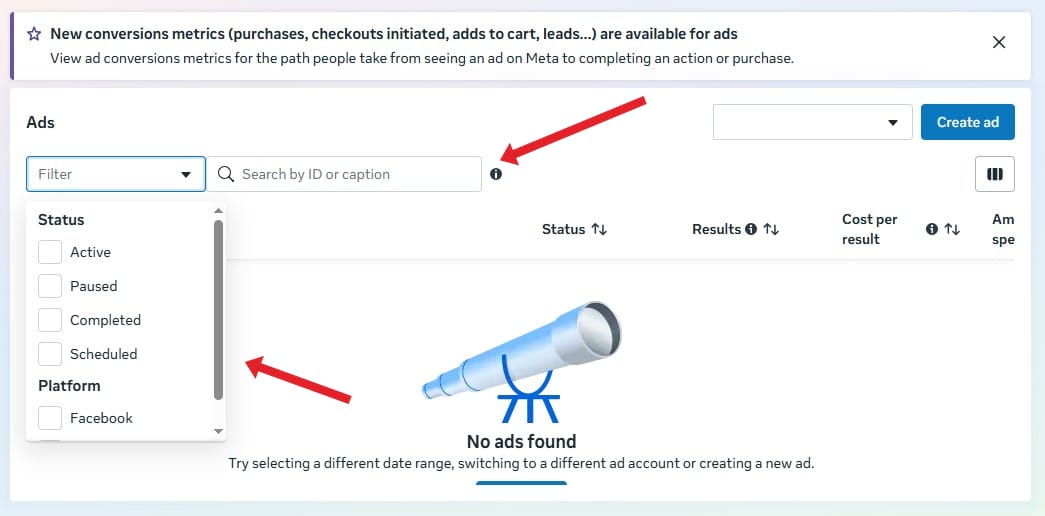 The filter and search bar in Meta's Ads interface, where you type a code to surface matching campaigns
