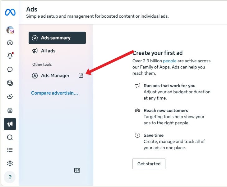 Meta's Ads page, with Ads Manager highlighted in the sidebar as the place where campaigns are managed