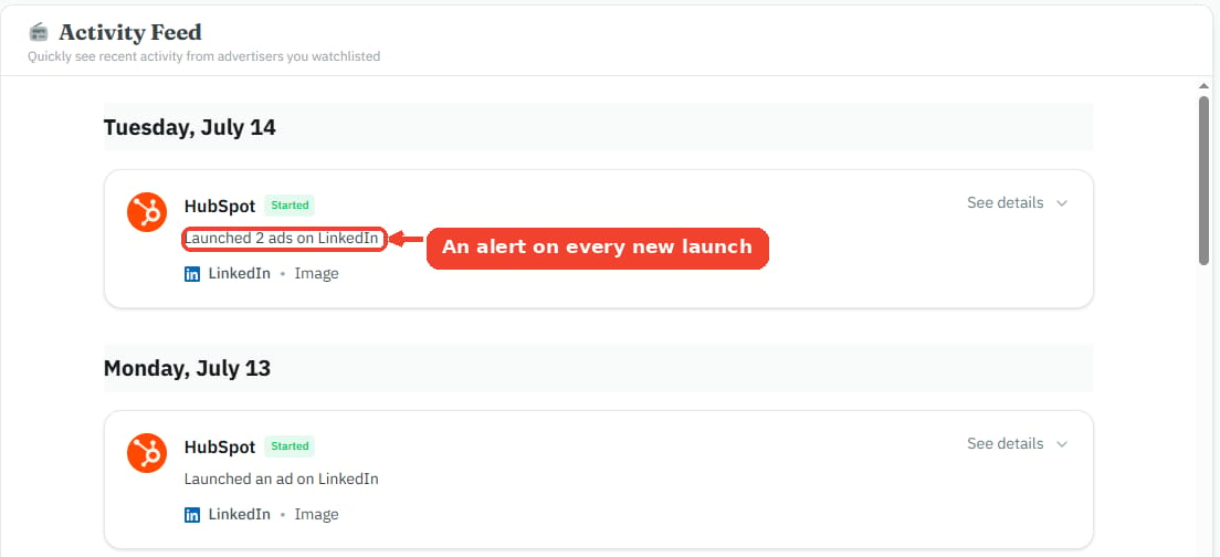 AdKit's activity feed lists the new ads a tracked competitor has launched