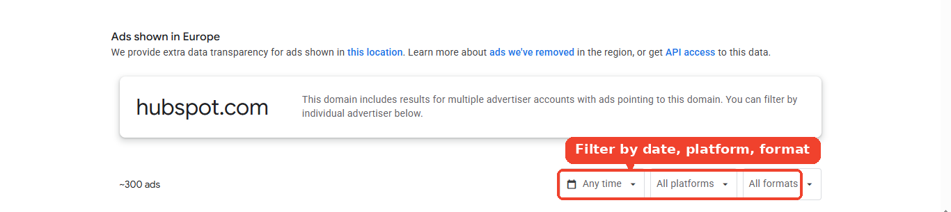 The domain page shows the ad count and filters for date, platform, and format