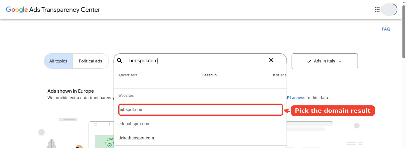 Search the domain and the competitor shows up under Websites, not as a named advertiser