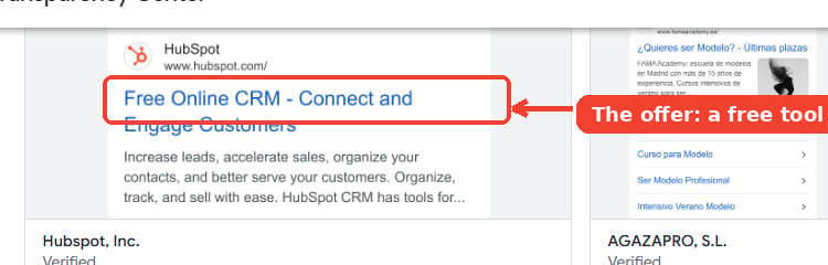 HubSpot's search ads almost all lead with a free tool