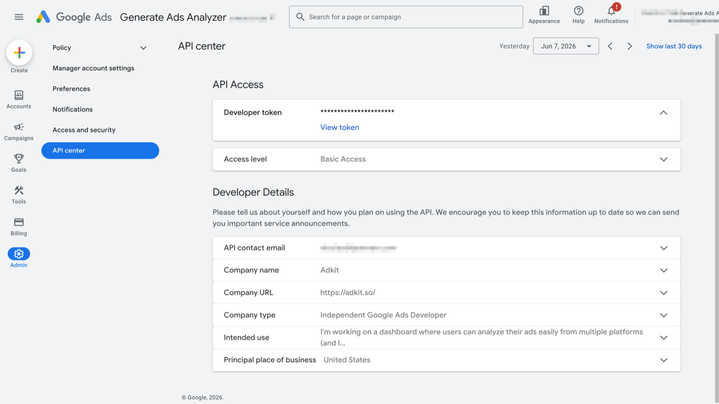 Google Ads API Center showing the developer token and its access level