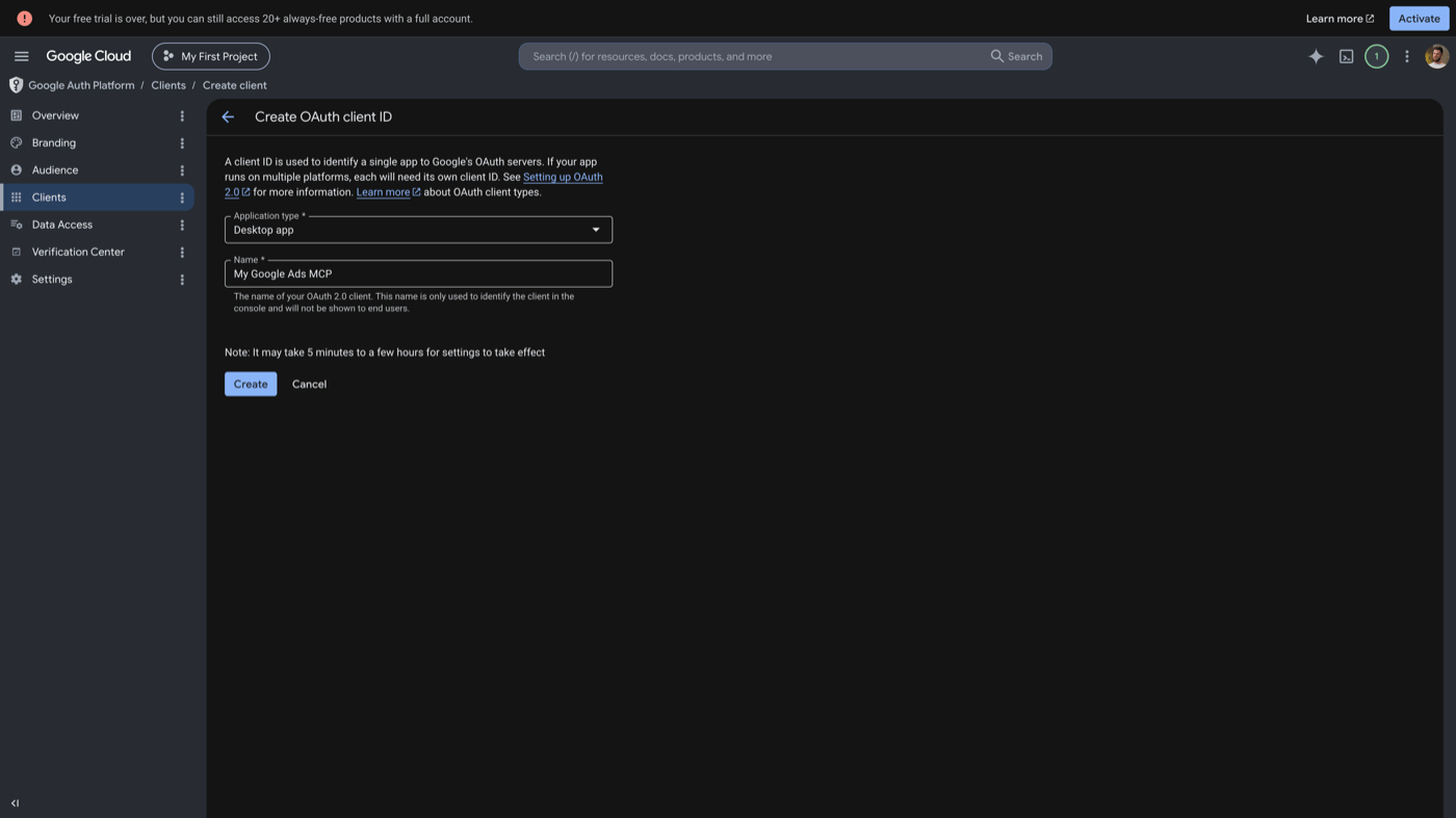 Creating a Desktop app OAuth client and downloading the client secret JSON