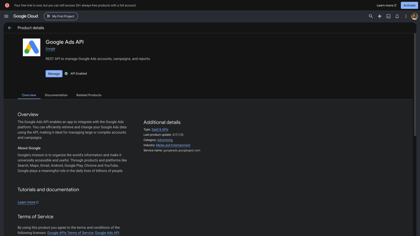 Google Ads API library page with the Enable button
