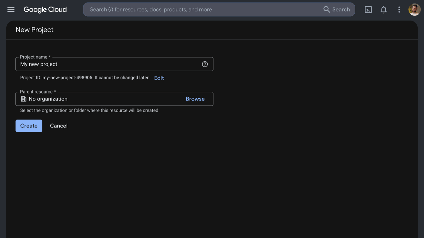 Google Cloud New Project page showing the project name and project ID