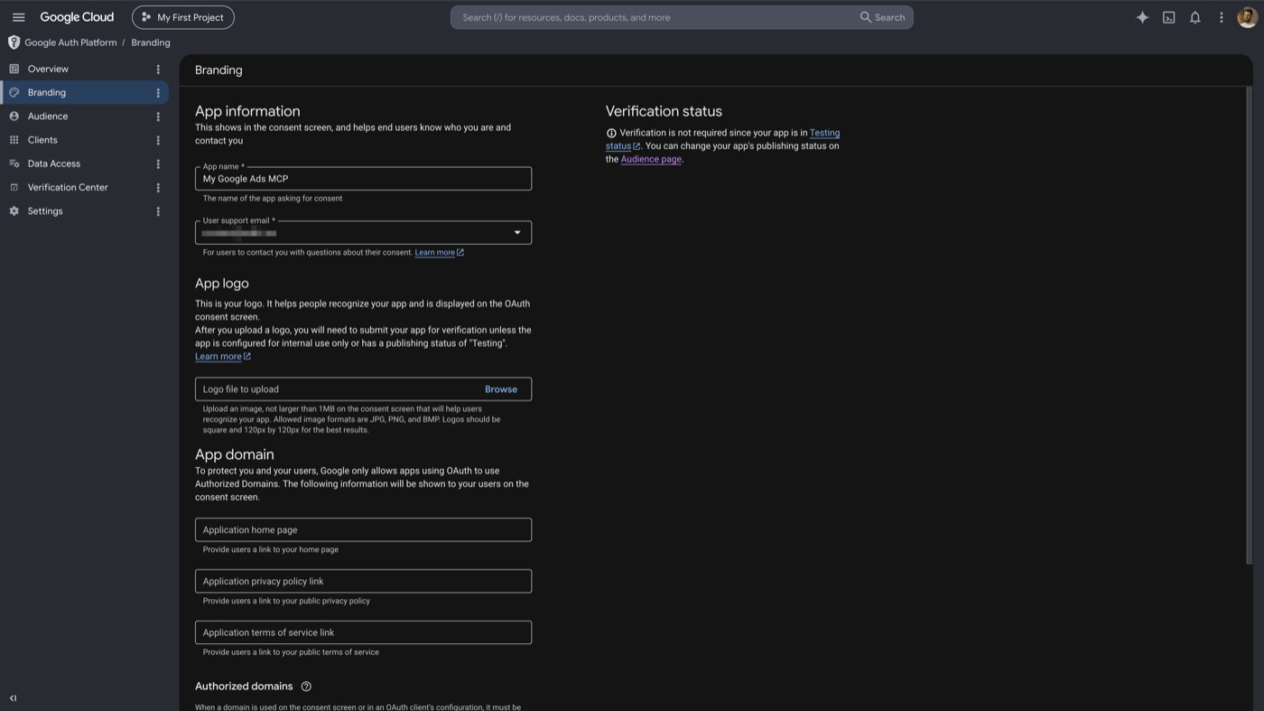 Google Cloud OAuth branding page showing app name, support email, and Testing status
