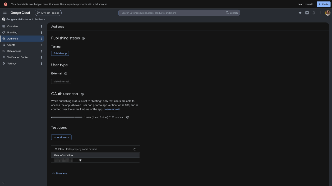 Google Cloud Audience page showing the test users list with two emails added