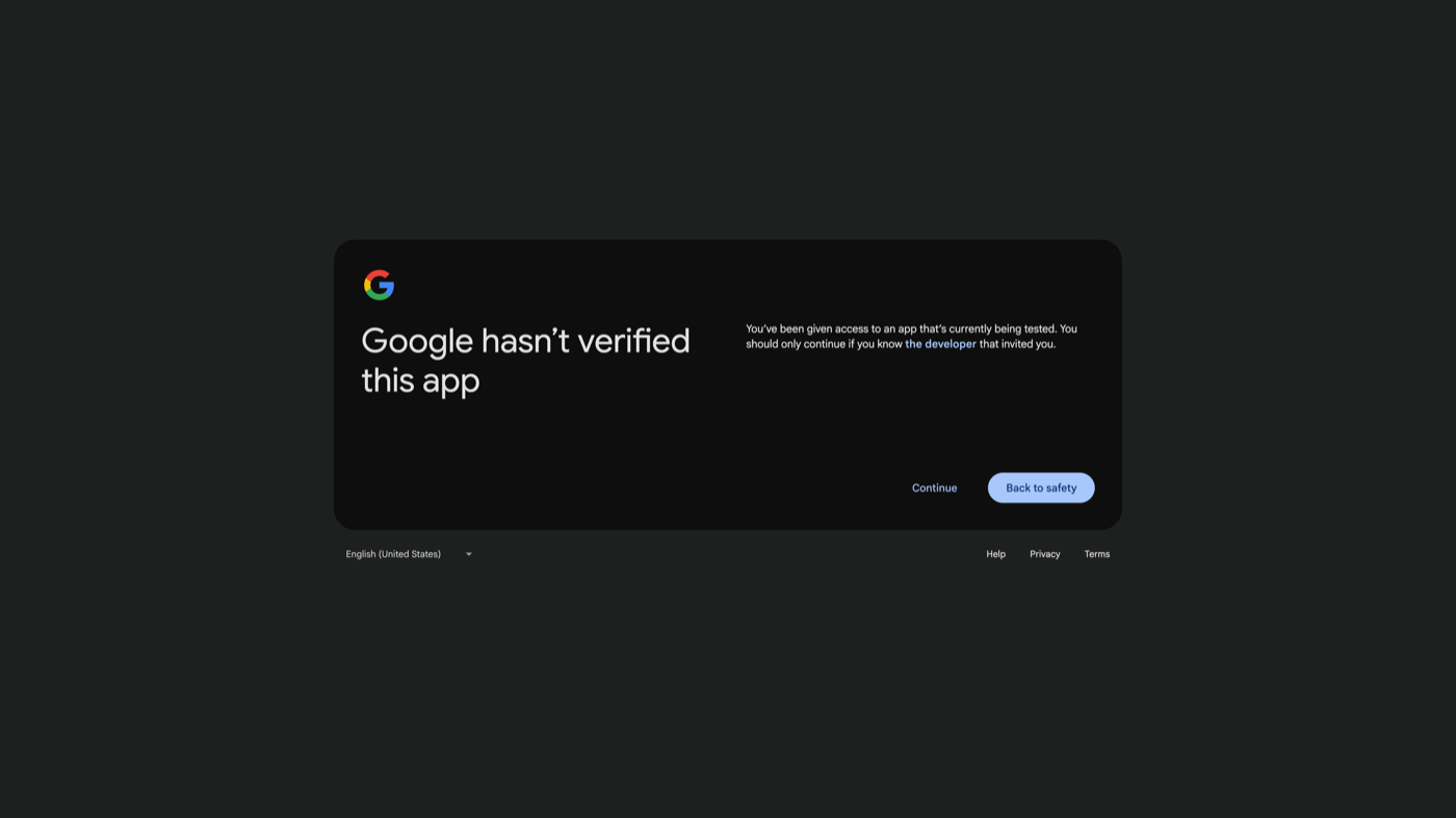 Browser warning that Google hasn't verified this app, with the Advanced link