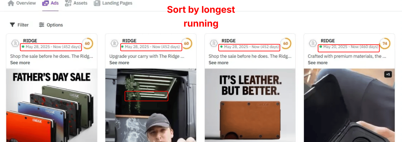 A competitor's ads sorted by longest running, with the run length on each card