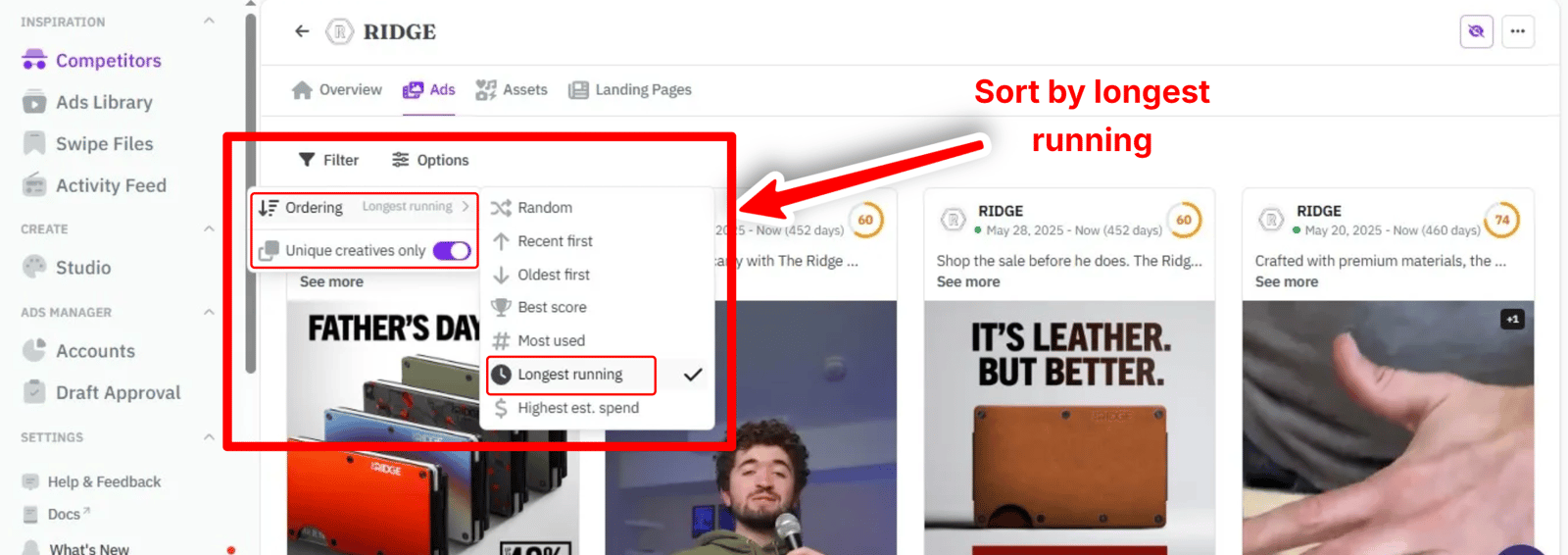 AdKit's sort options on a competitor's Ads tab: longest running, most used, highest estimated spend