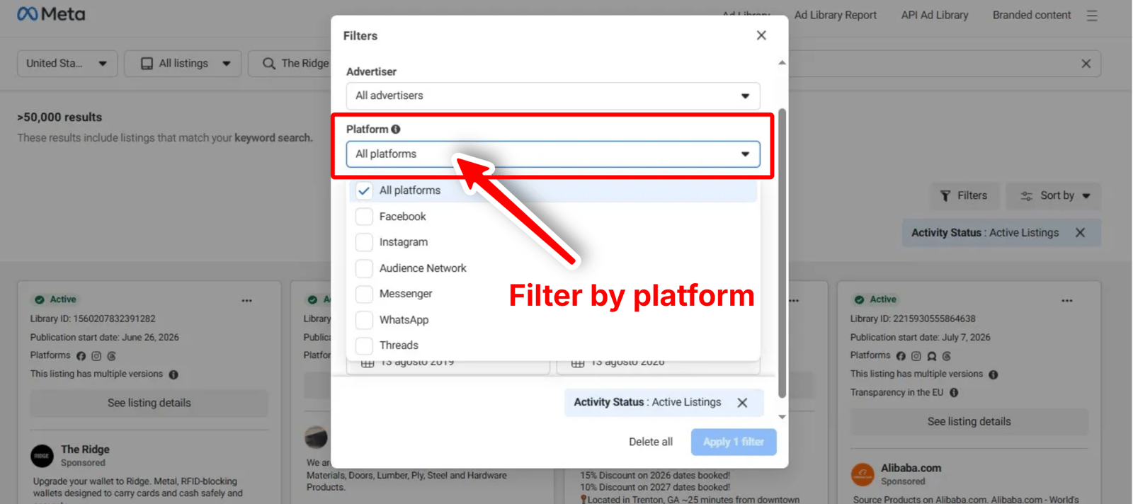 Using the country, platform, and ad-category filters to narrow the results
