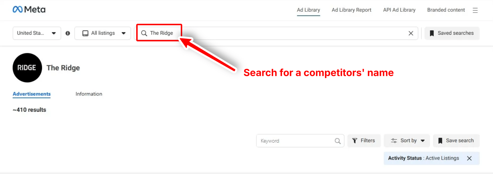Searching a competitor by name in the Meta Ad Library