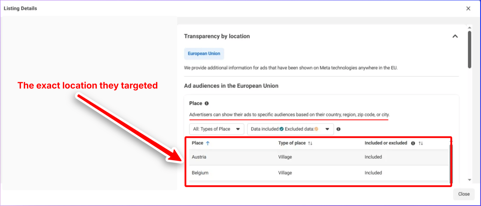 The EU transparency panel showing the exact countries an advertiser included or excluded