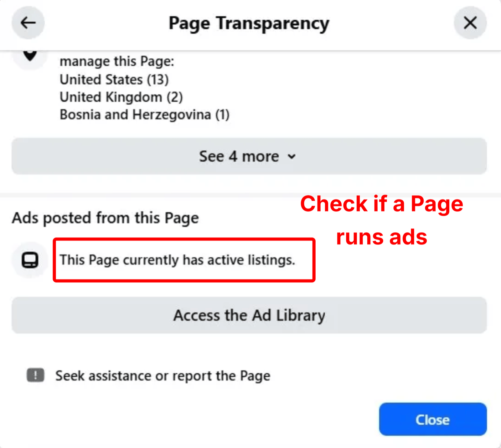 The Page transparency box on a Facebook Page, with the "See all" link that leads to the Ad Library