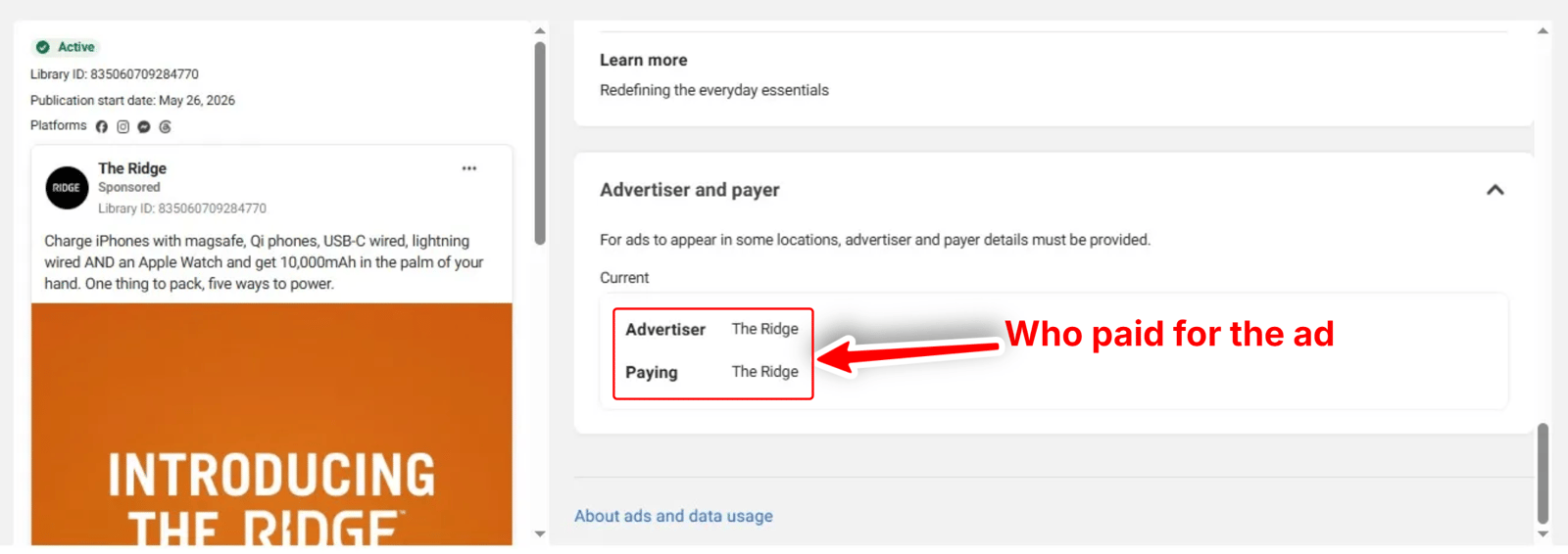 The "Paid for by" section of the EU transparency panel, naming the payer behind the ad