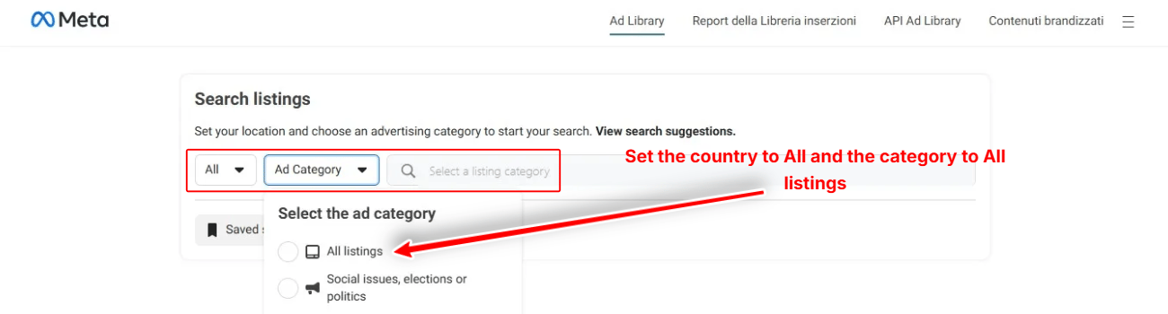 The search settings to start with: country on "All" and ad category on "All ads"
