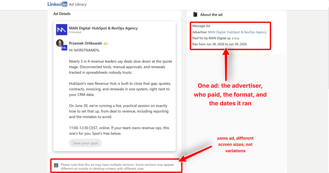 Everything LinkedIn tells you about a single ad