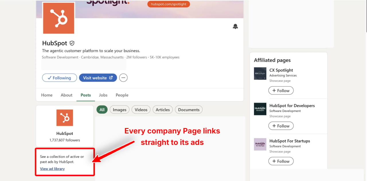 The View ad library link on a company page