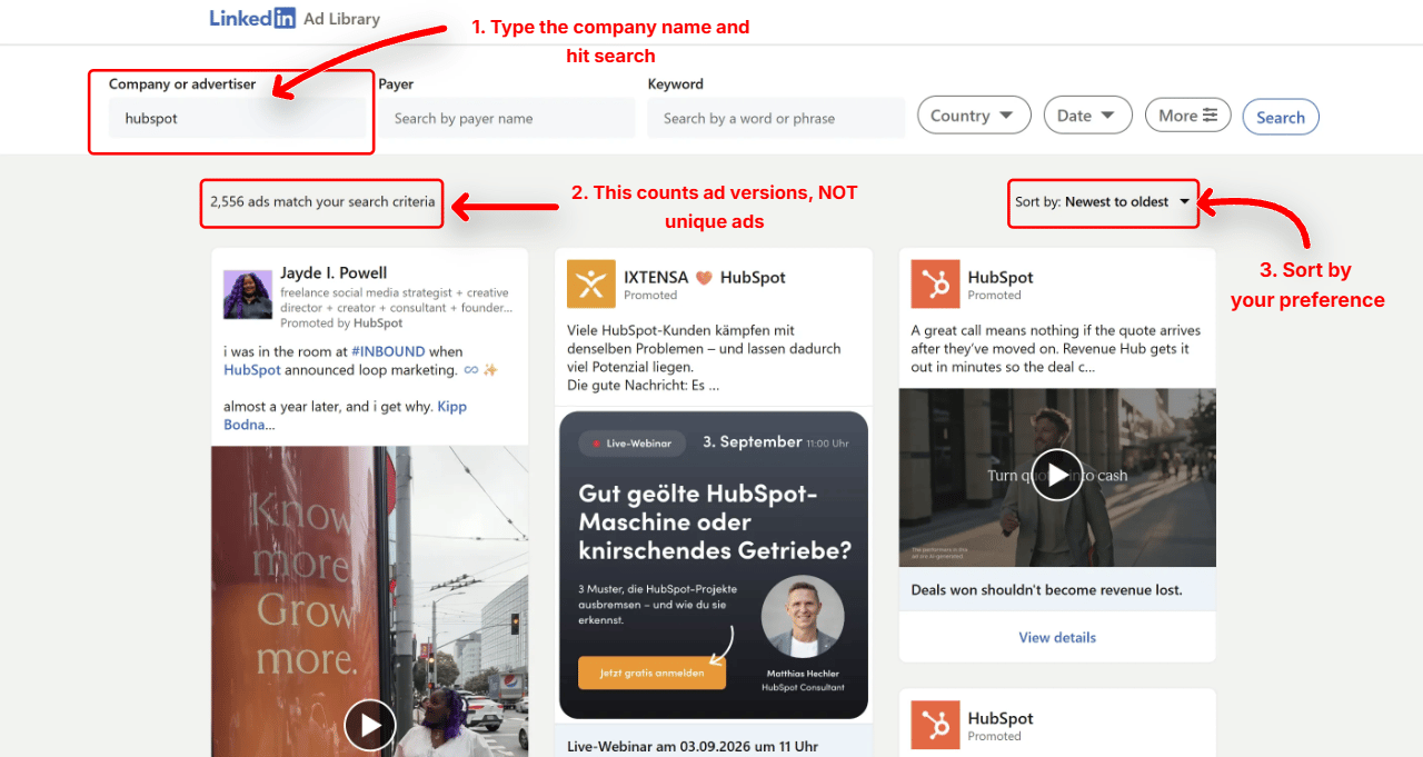 Search results for a company in the LinkedIn Ad Library