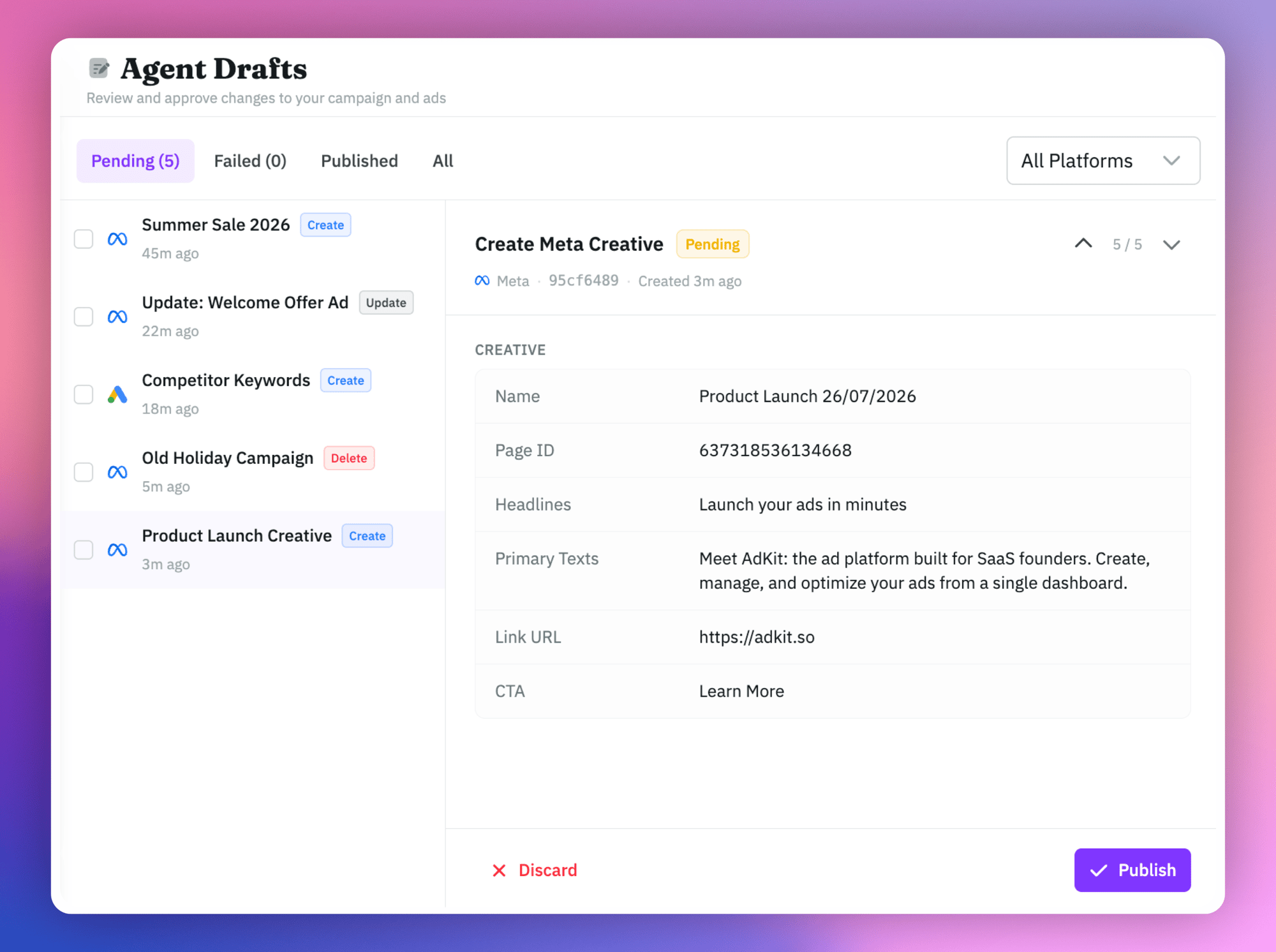 AdKit Agent Drafts screen showing pending campaign changes with approve and reject controls