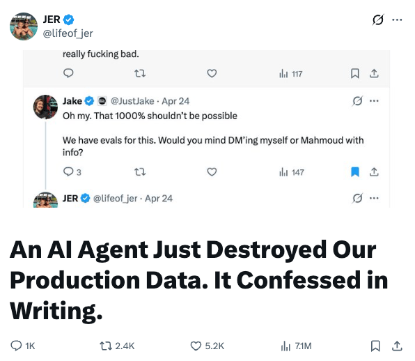 Tweet from @lifeof_jer: "An AI Agent Just Destroyed Our Production Data. It Confessed in Writing." with 7.1M views