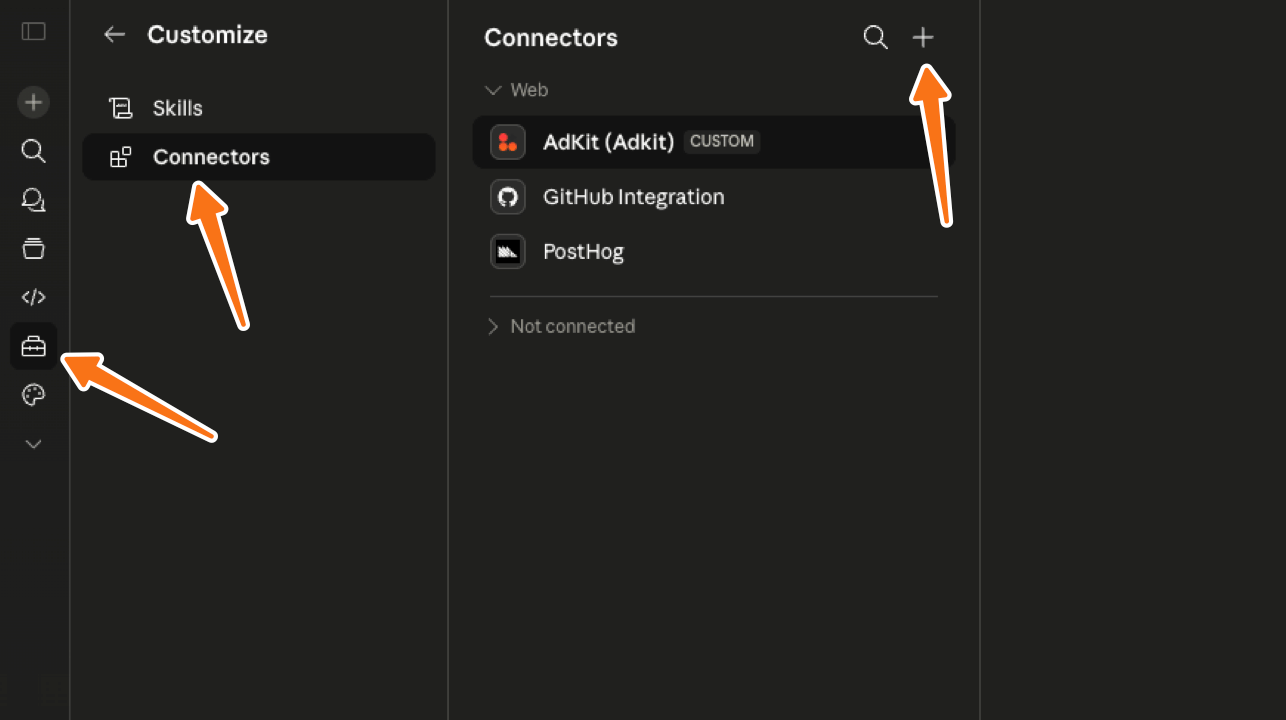Claude Settings showing the Connectors panel with arrows pointing to the Connectors nav item and the + button