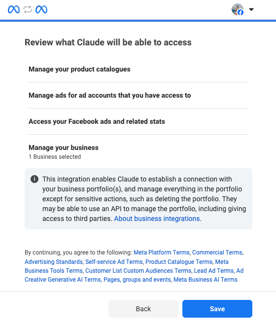 Meta OAuth permissions review screen showing four auto-granted scopes