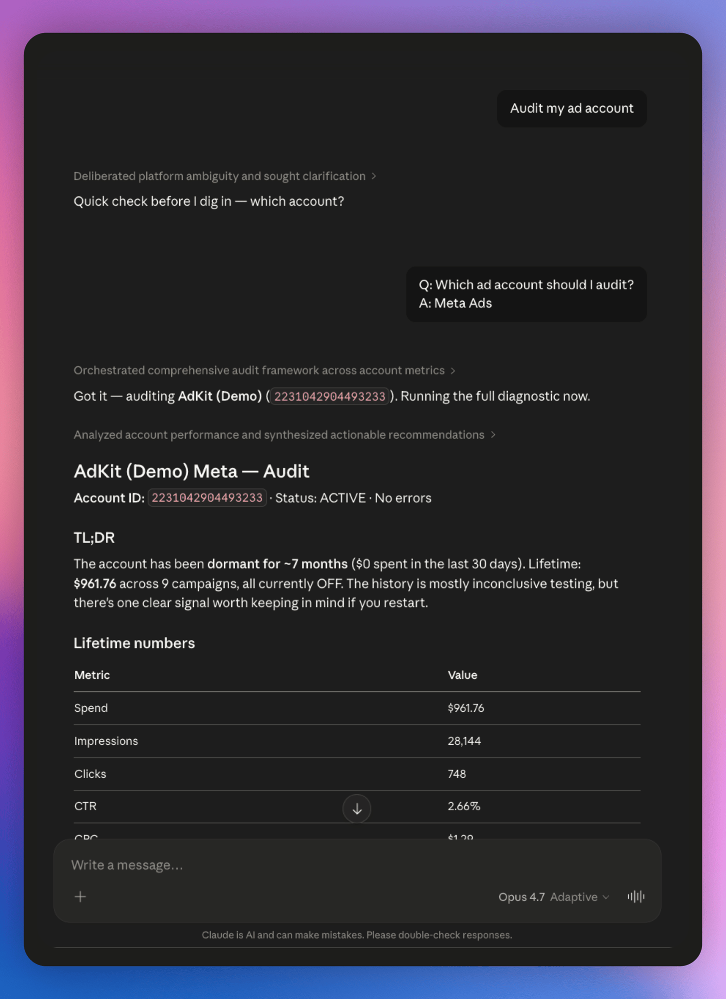 Claude responding to "Audit my ad account" with account metrics including spend, impressions, clicks, CTR, and CPC