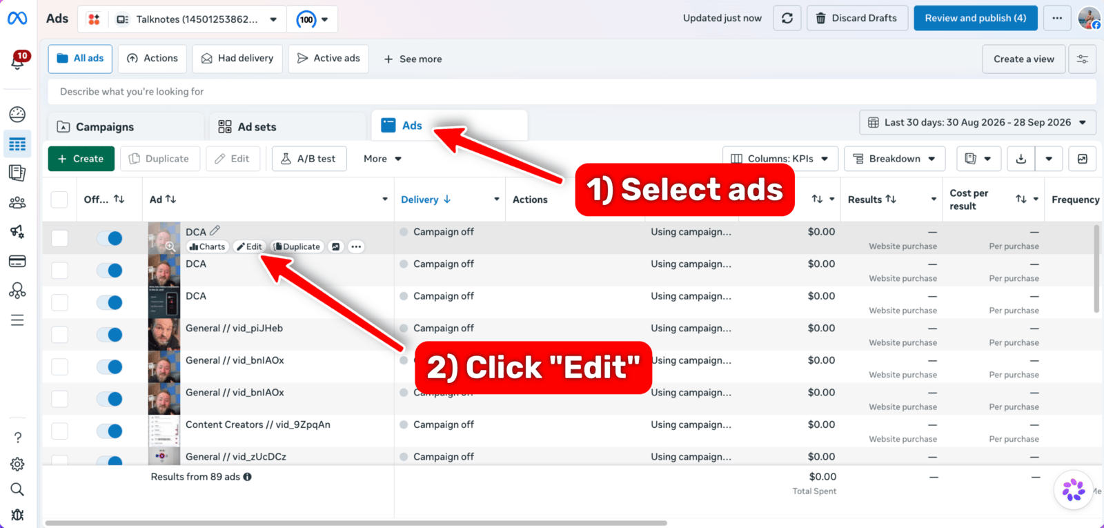 The Ads tab in Ads Manager, with the Edit button that appears when you hover an ad