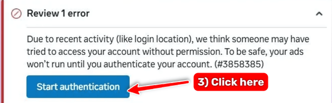 Clicking Start authentication in the review panel