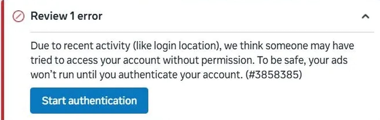 The review panel showing error 3858385 with the Start authentication button