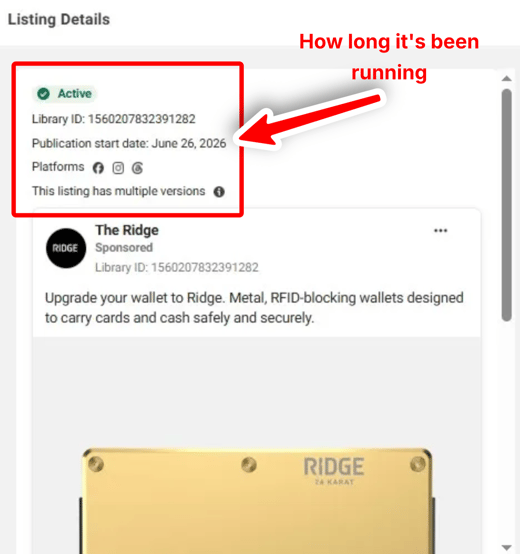 A single ad's detail view, with the start date that reveals how long it has run